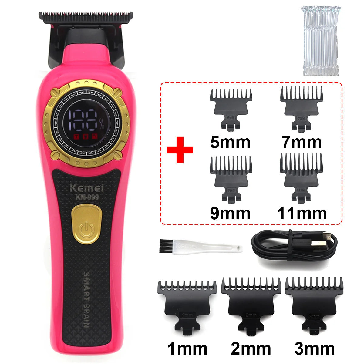 Pink cordless hair trimmer with LED display and various sized cutting combs