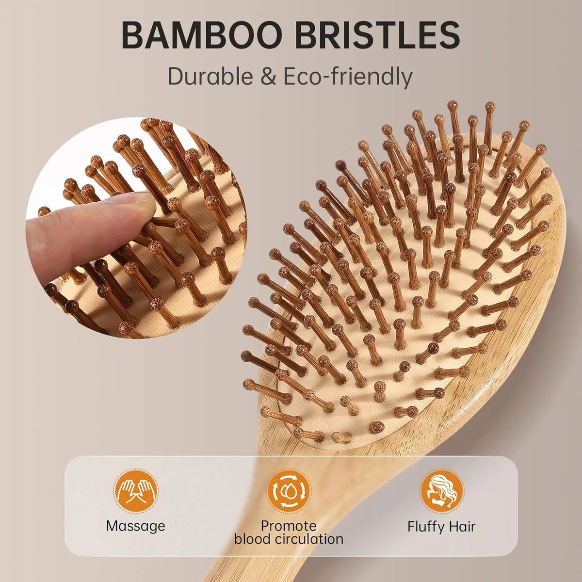 A wooden bamboo bristled comb used for scalp massage and promoting blood circulation to achieve fluffy hair.