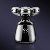 A silver electric shaver with a detachable head and charging base is shown against a dark background.