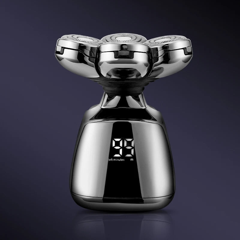 A silver electric shaver with a detachable head and charging base is shown against a dark background.