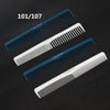 A set of four anti-static professional hair cutting combs in various shades of blue and white are displayed on a dark backgro