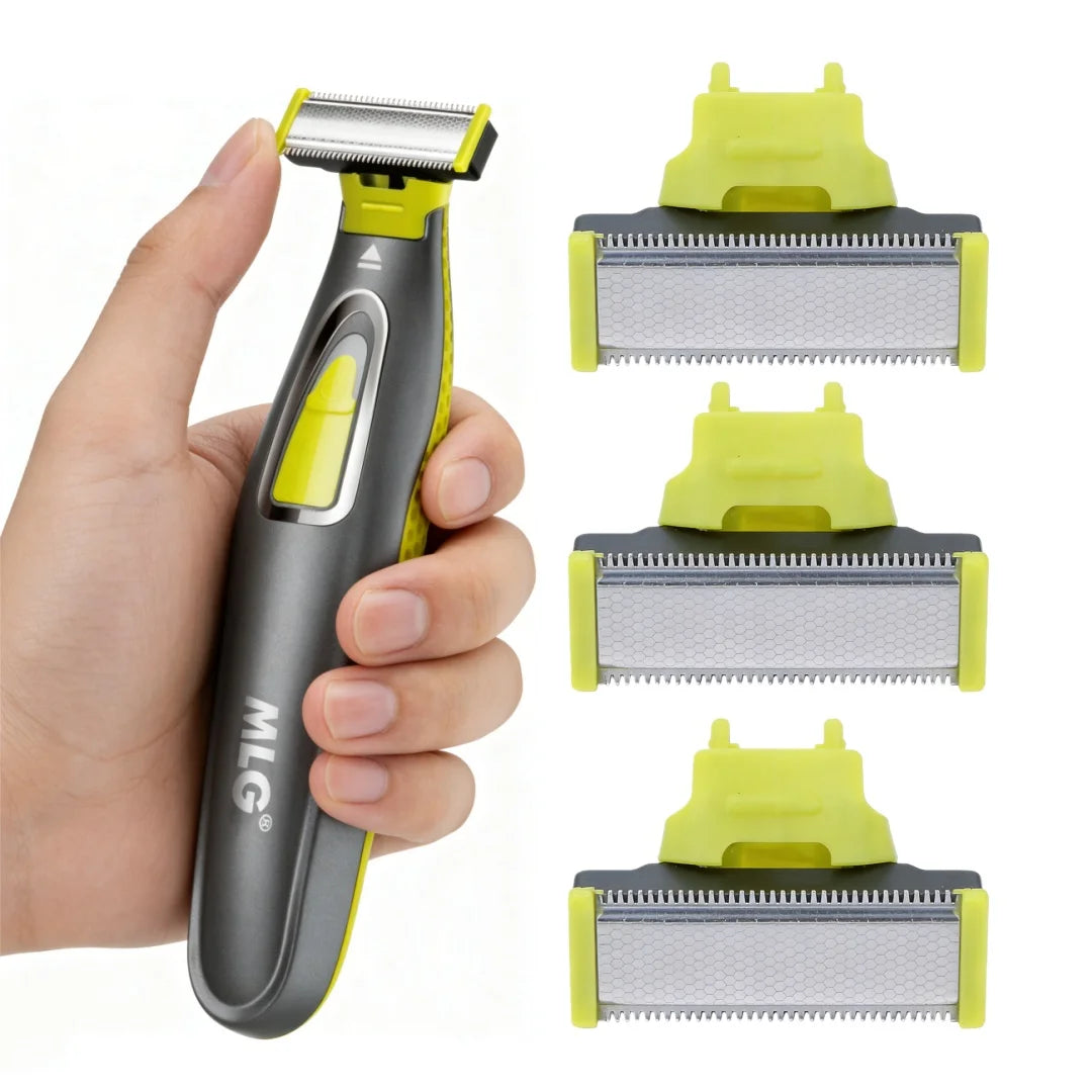A hand holds a gray electric shaver with yellow accents, showing the replacement shaving blade assembly.