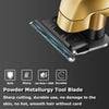 Close-up of a gold and black powder metallurgy tool blade for hair trimming