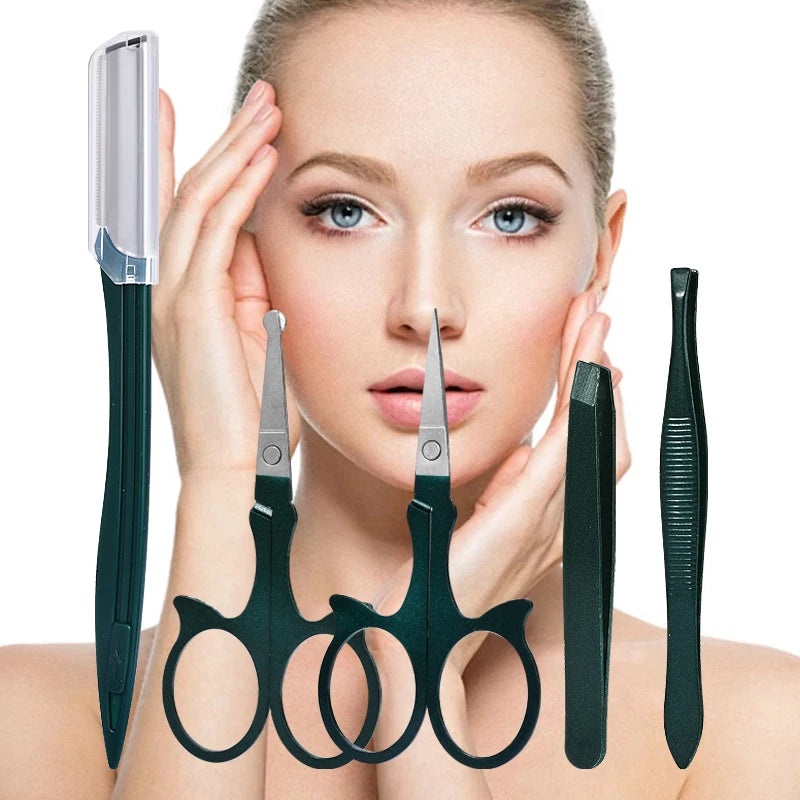 A woman is holding a professional stainless steel nail care kit with various tools for manicure and pedicure.