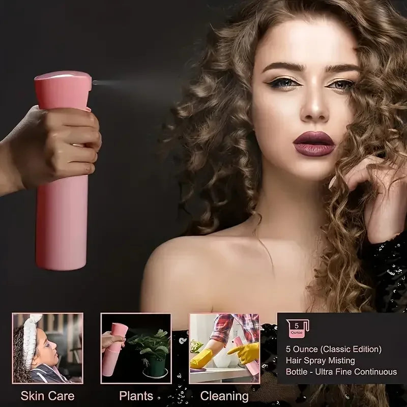 A woman is shown using a pink hair spray bottle for misting, with related images of skin care and plants.