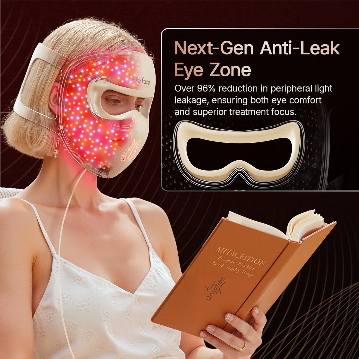 A woman wearing a pink 4D LED light therapy mask for eye treatment, holding a book.