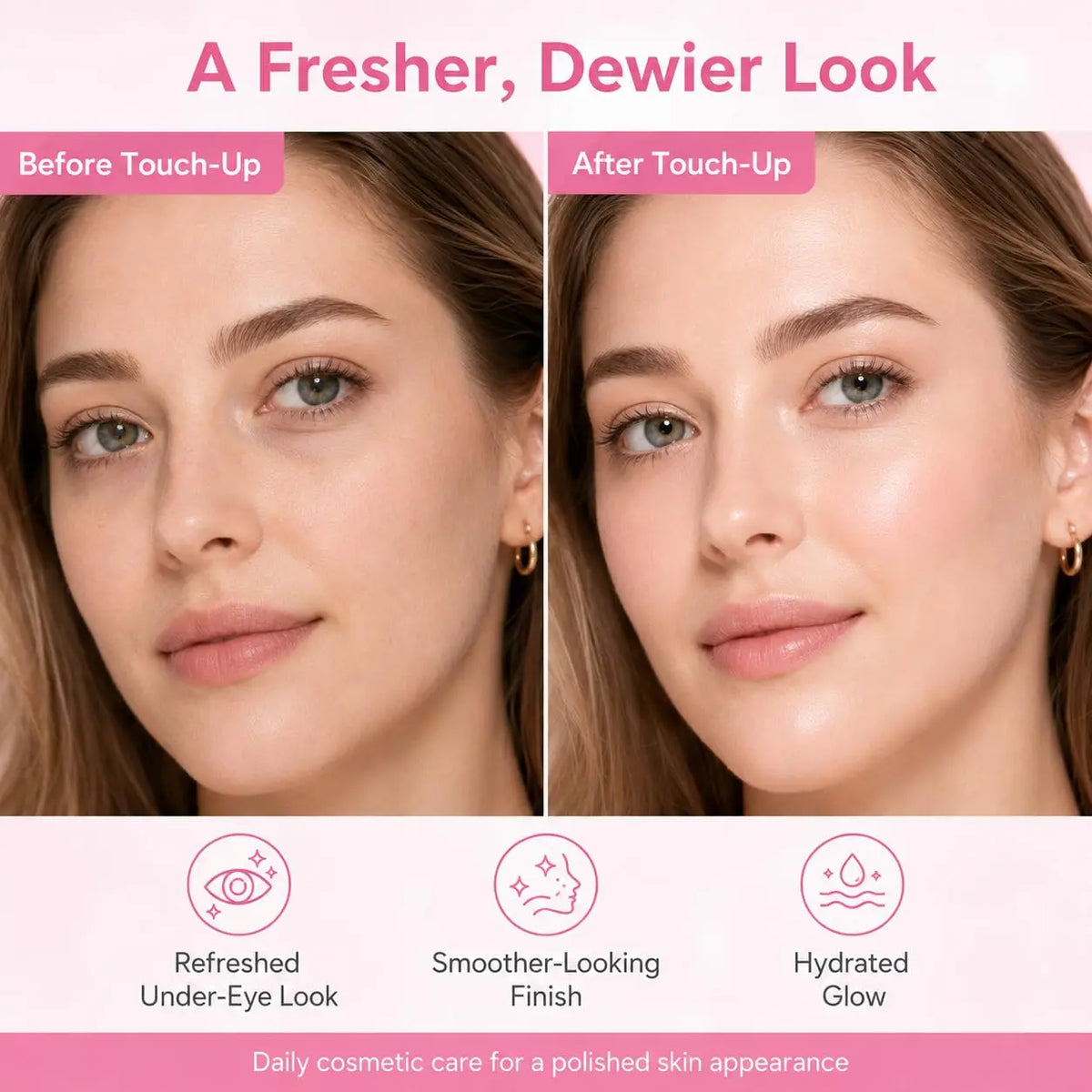 Before and after comparison showing a fresher, dewier look achieved with the Collagen Volume Multi-Use Balm Stick