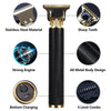 A black USB rechargeable hair clipper with a gold finish, featuring a stainless steel body design and four limit combs.