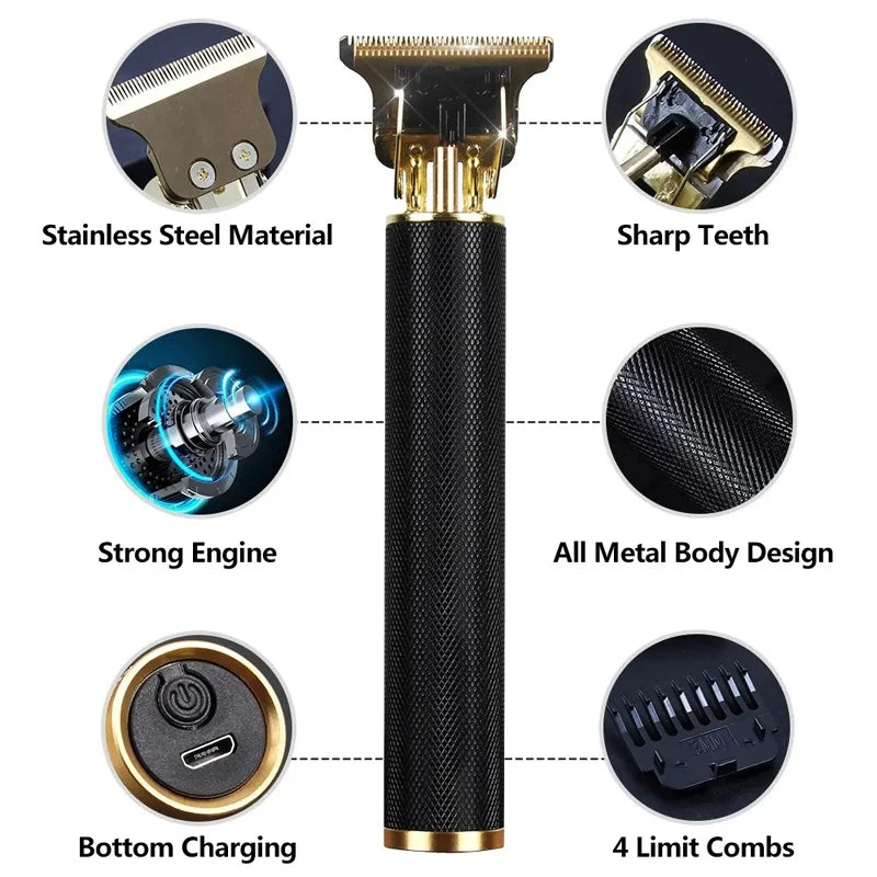 A black USB rechargeable hair clipper with a gold finish, featuring a stainless steel body design and four limit combs.
