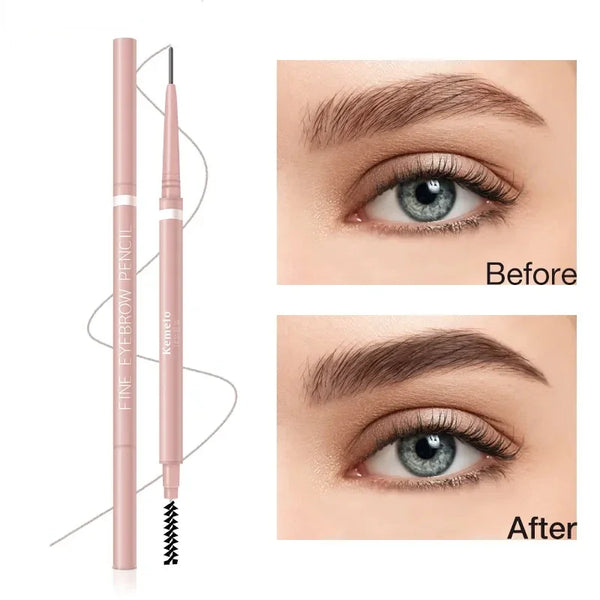 Before and after comparison of a pink eyebrow pencil application on an eye.