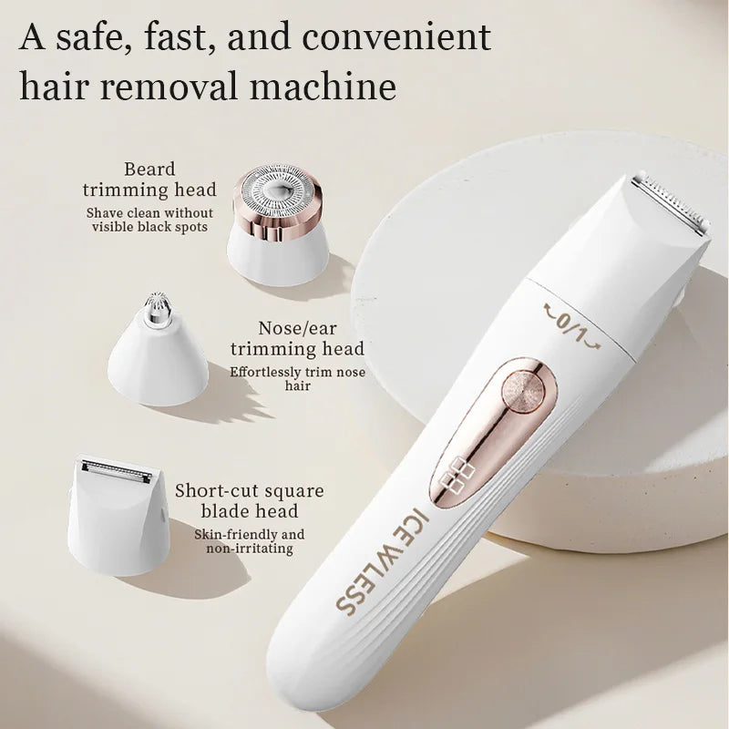A white electric hair removal machine shown with various trimming heads for beard and nose grooming