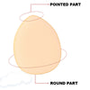 A round, peach-colored cosmetic applicator tool with a pointed part for foundation application.