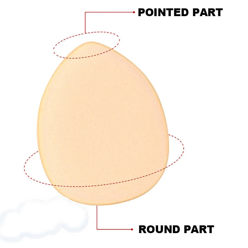 A round, peach-colored cosmetic applicator tool with a pointed part for foundation application.