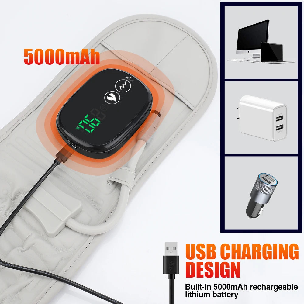A portable 5000mAh rechargeable lithium battery is shown attached to an inflatable back heating support belt.