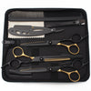 A black case containing professional stainless steel hairdressing scissors and combs.