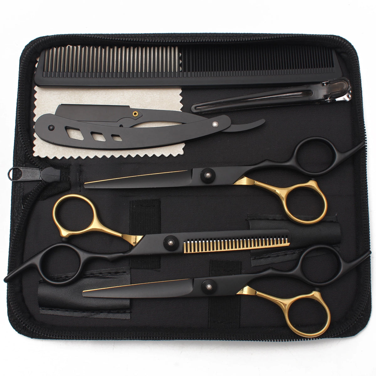 A black case containing professional stainless steel hairdressing scissors and combs.