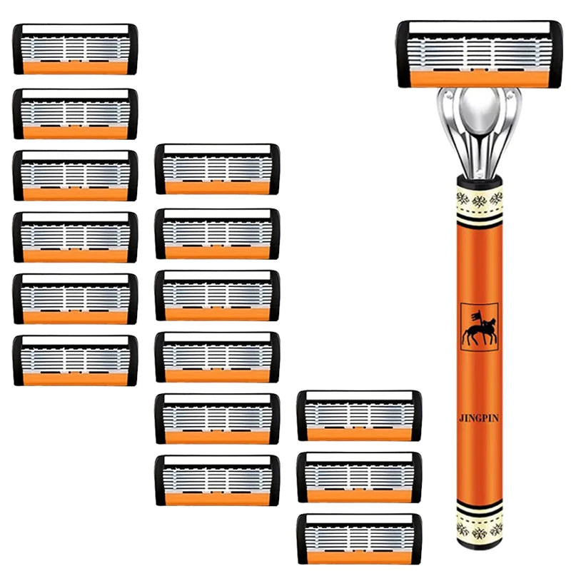 A set of nine orange and black multi-blade safety razor cartridges with a silver handle.
