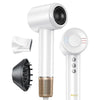 A white professional high-speed hair dryer with a detachable nozzle and a textured metal base.