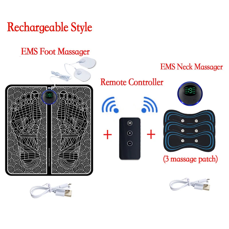 A set of portable EMS foot and neck massagers, including a remote controller and massage patches.