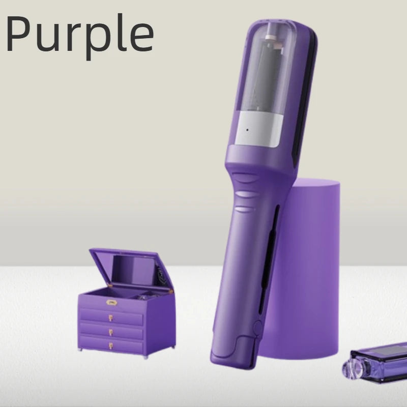 A purple automatic hair ends trimmer is shown next to a purple storage box.