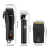 A black professional electric beard and hair trimmer with a metal guard and various attachments.