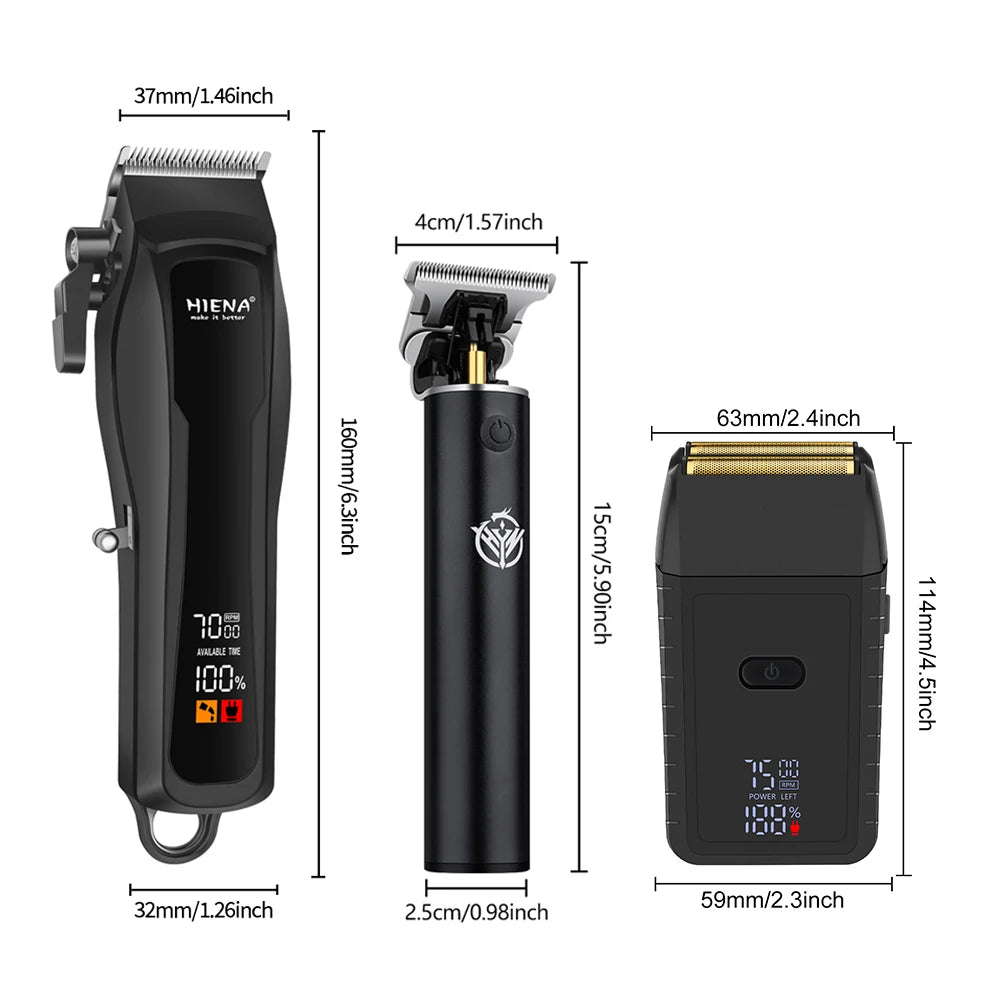 A black professional electric beard and hair trimmer with a metal guard and various attachments.