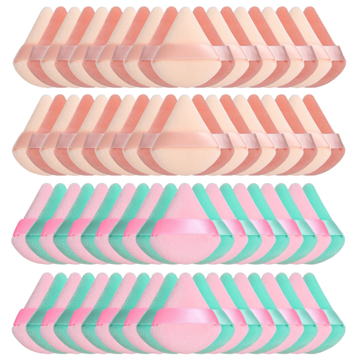 Un ensemble de puffs triangulaires roses et bleu sarcelle disposés en rangées.