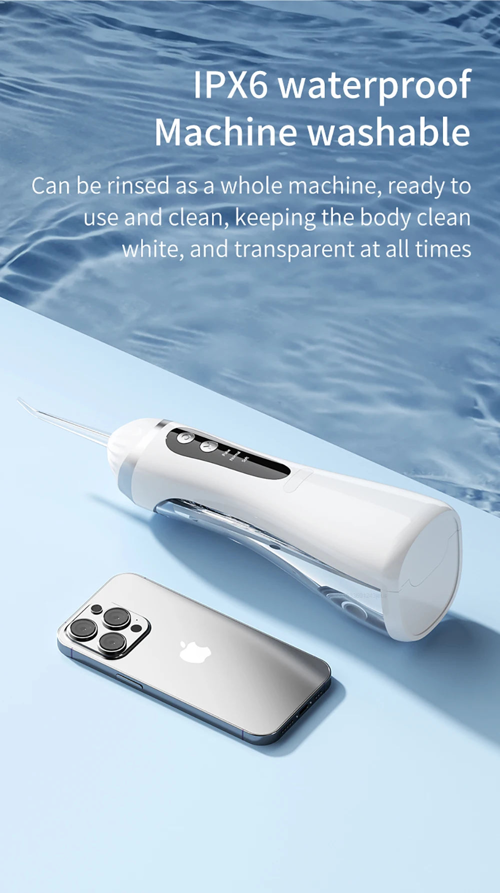 A white portable rechargeable oral irrigator device is shown next to an iPhone, highlighting its waterproof and washable feat