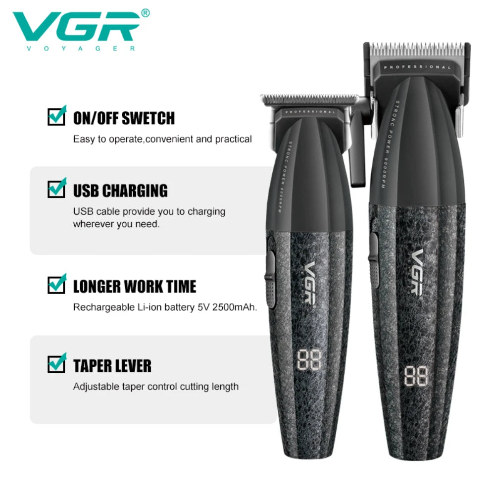 Zwei schwarze VGR Profi-Haarschneidemaschinen mit Ein-/Ausschalter, USB-Laden und Taper-Griff.