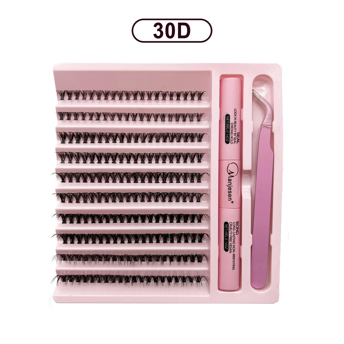 A pink kit containing eyelash extensions and a pair of tweezers for DIY application.