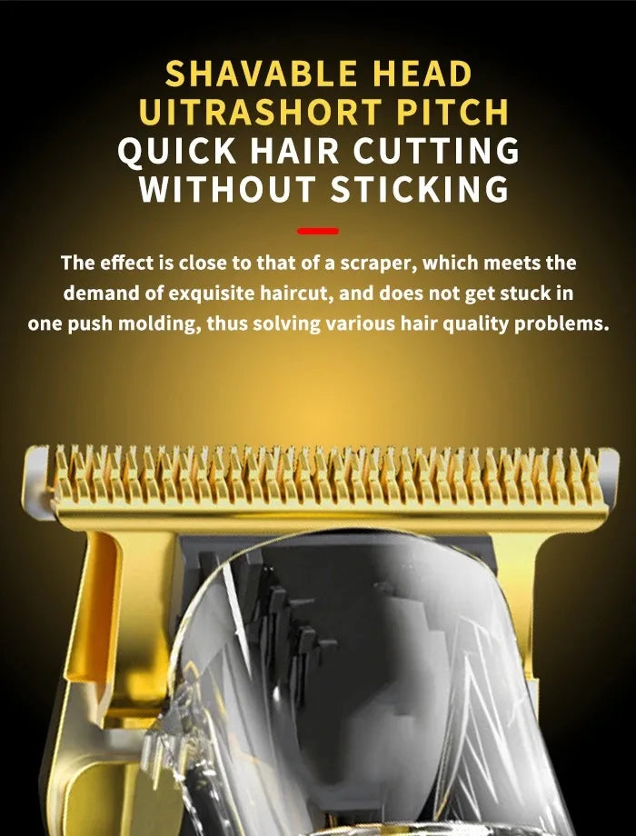 A close-up view of a gold-colored electric hair cutting device for precision haircuts.