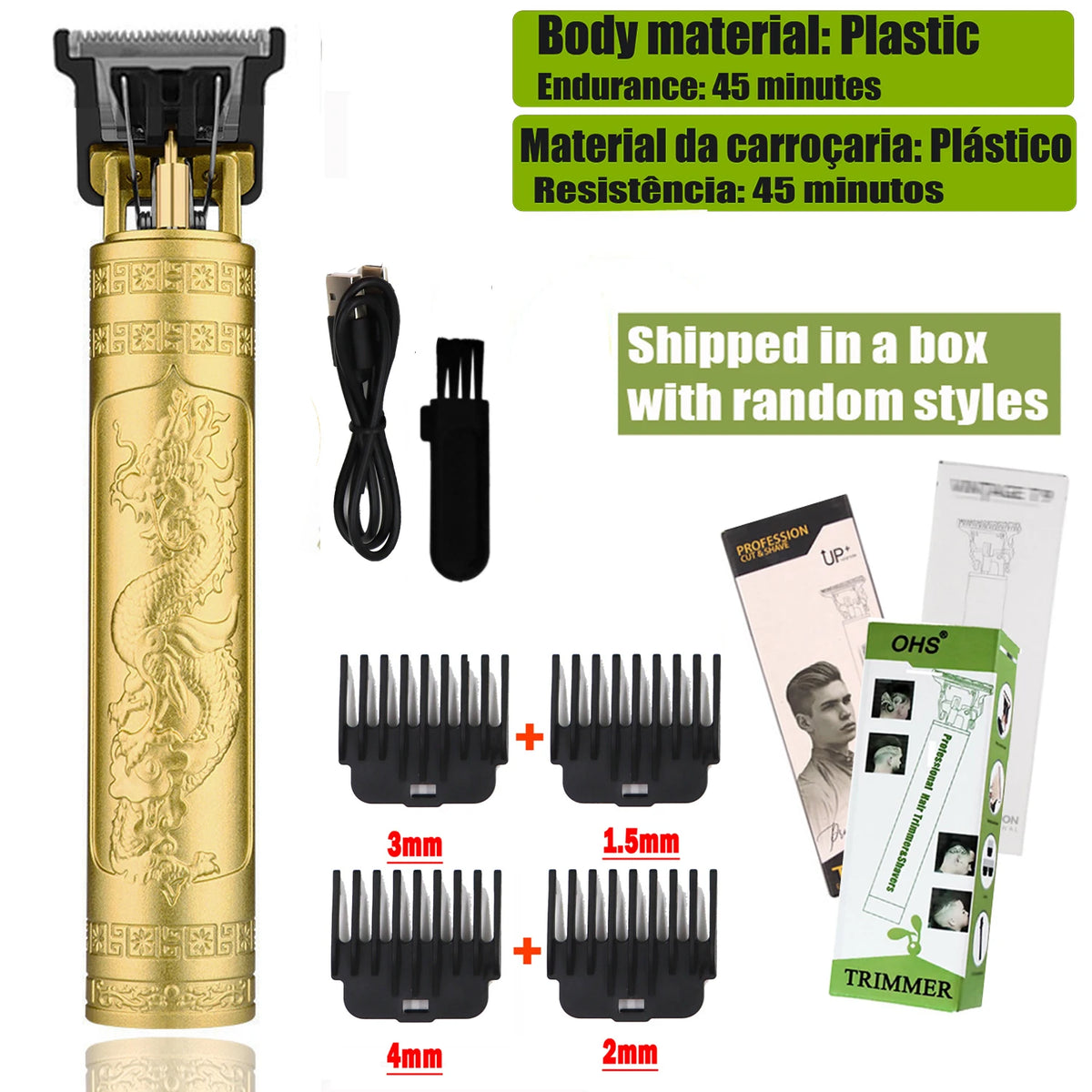 A gold-colored electric hair shaver trimmer with various blade attachments shown next to the product box.
