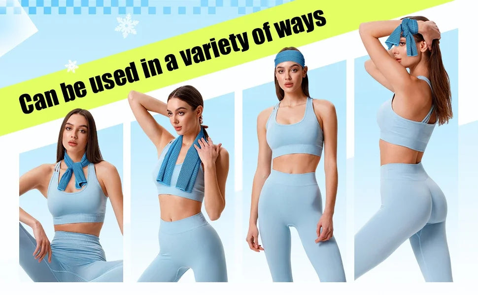 A woman models a light blue sports towel set, including a crop top and leggings, demonstrating the product for gym or travel.