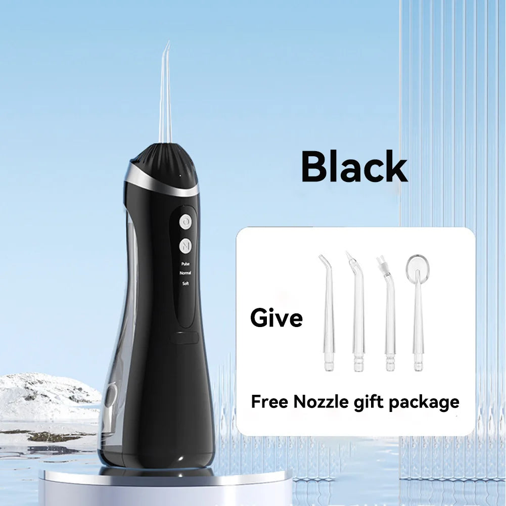 A black professional rechargeable oral irrigator device with a clear body is shown against a light blue background.