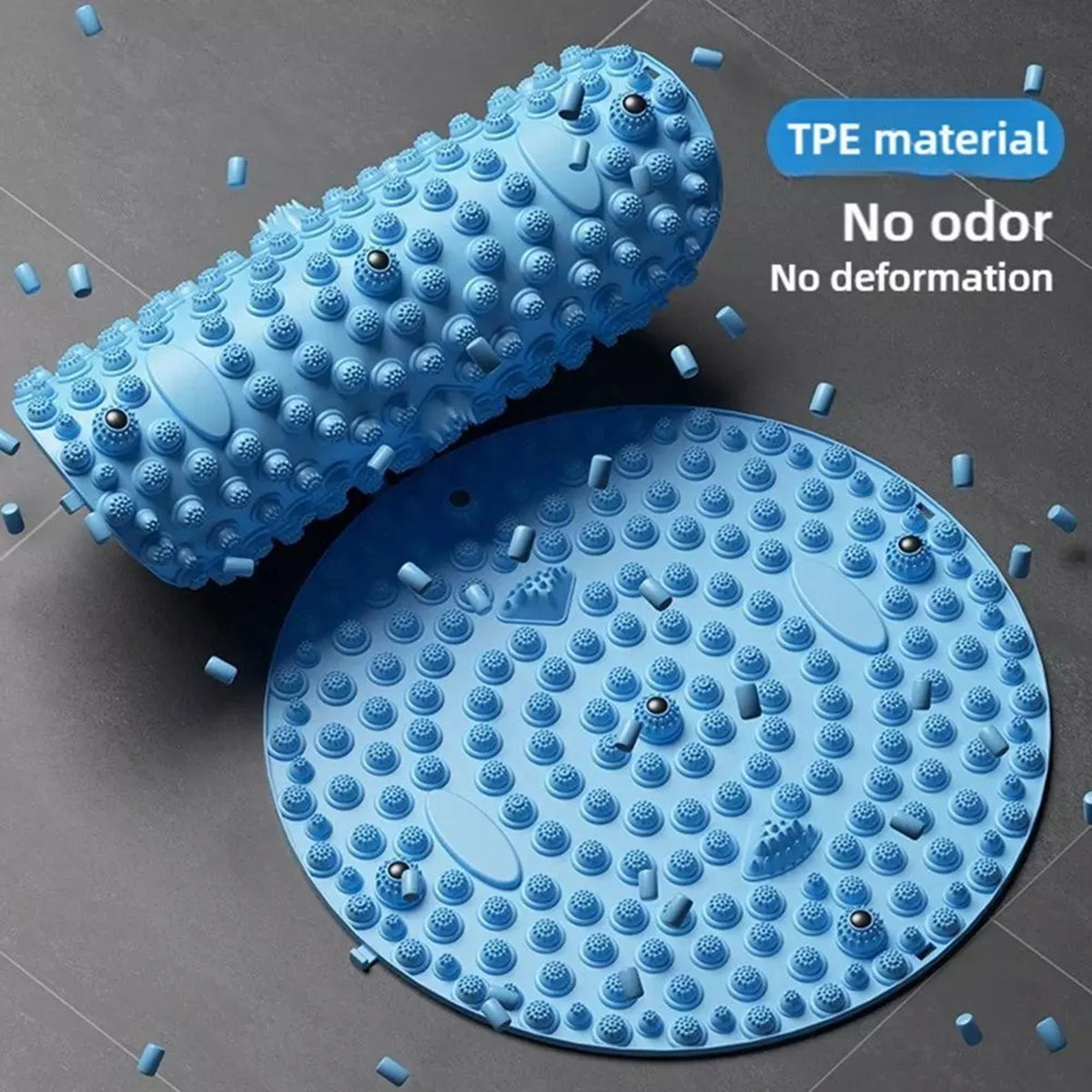 A blue TPE material magnetic foot massage mat is shown with a rolled-up version and a flat disc.