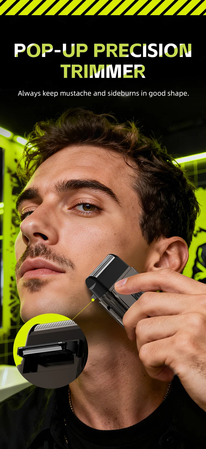 A man is using a compact foil shaver with a precision trimmer on his mustache.