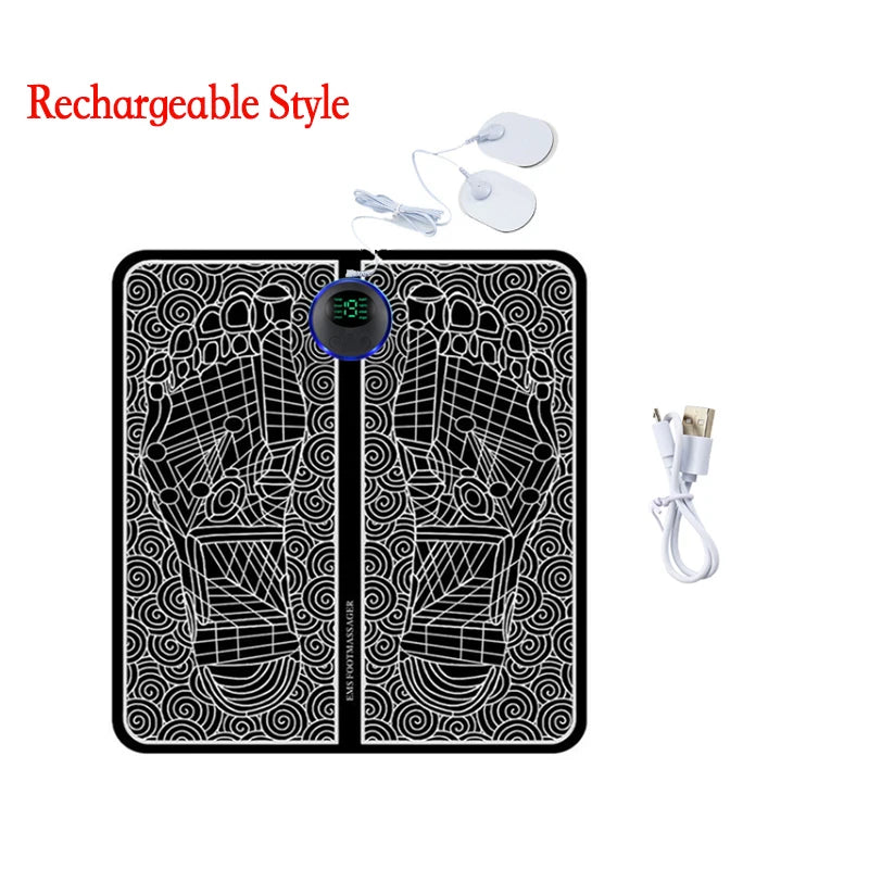 A black portable EMS foot massager device with a glowing green indicator and accompanying wires.