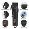 A black professional electric beard and hair trimmer showing various components like the head, display, and motor.