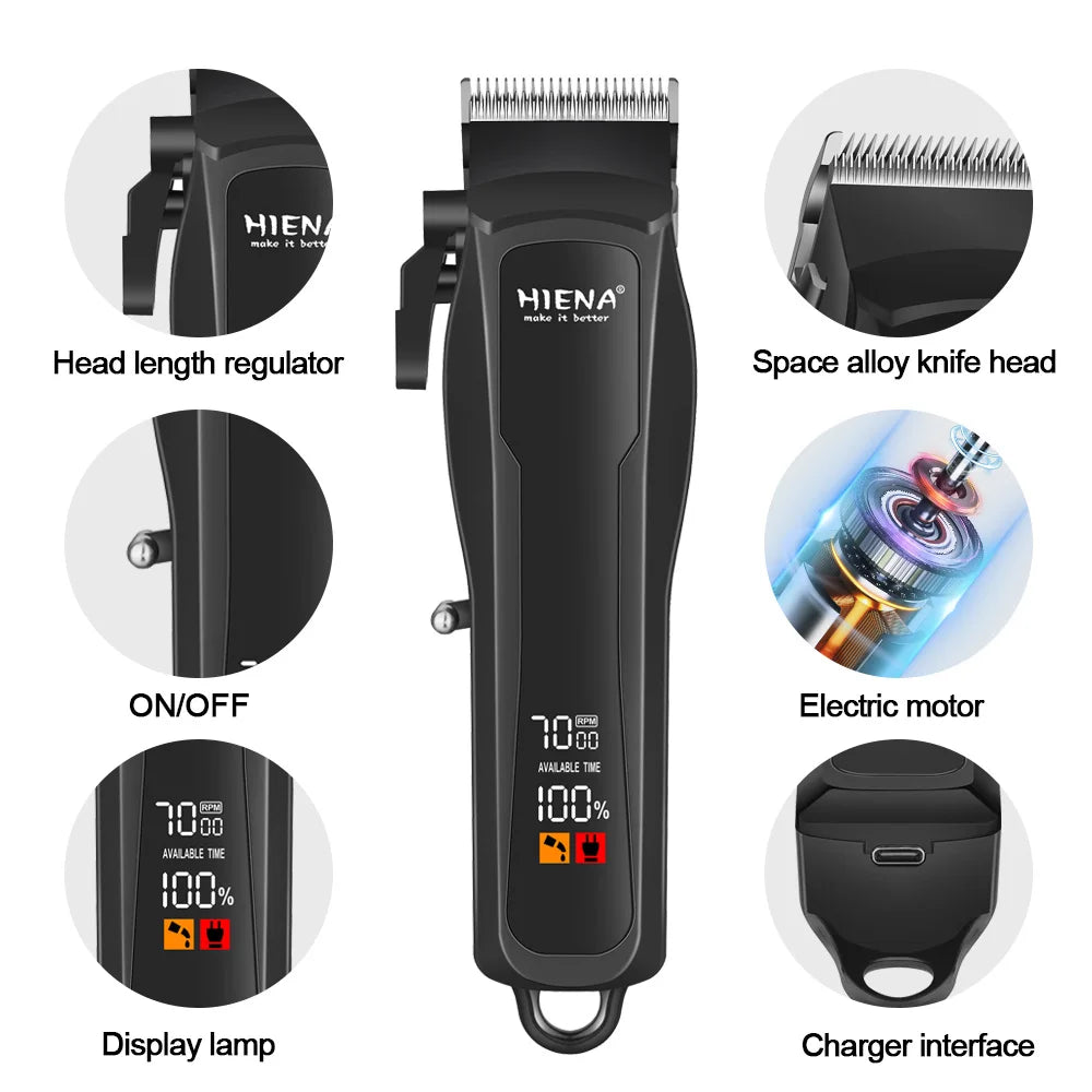 A black professional electric beard and hair trimmer showing various components like the head, display, and motor.