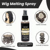 A bottle of Inyou Lace Melting Spray for wigs and hair extensions, shown with usage context.