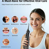 A woman holds a portable oral irrigator device, demonstrating its use for effective oral care.