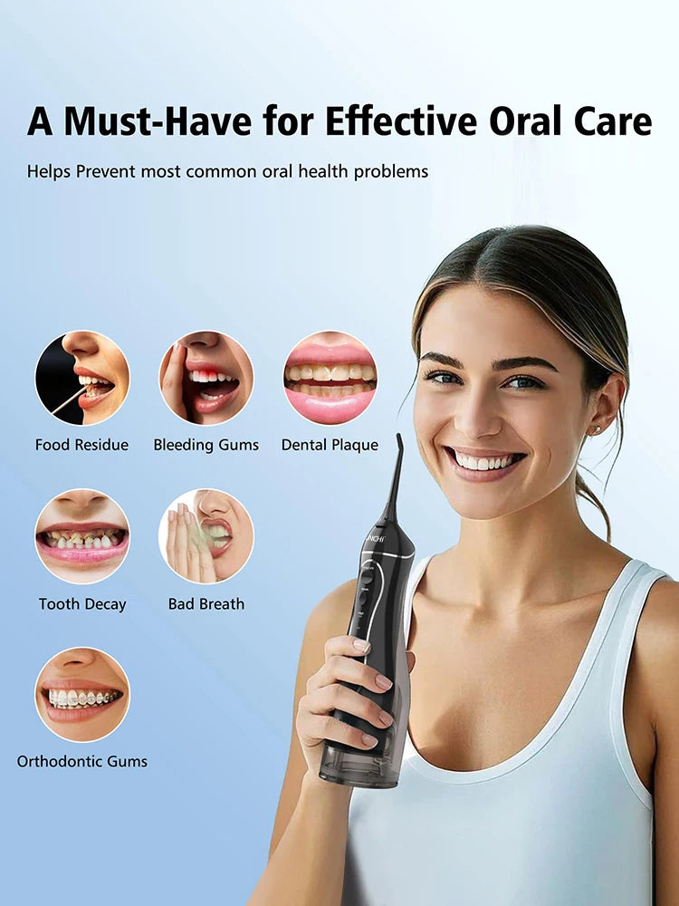 A woman holds a portable oral irrigator device, demonstrating its use for effective oral care.