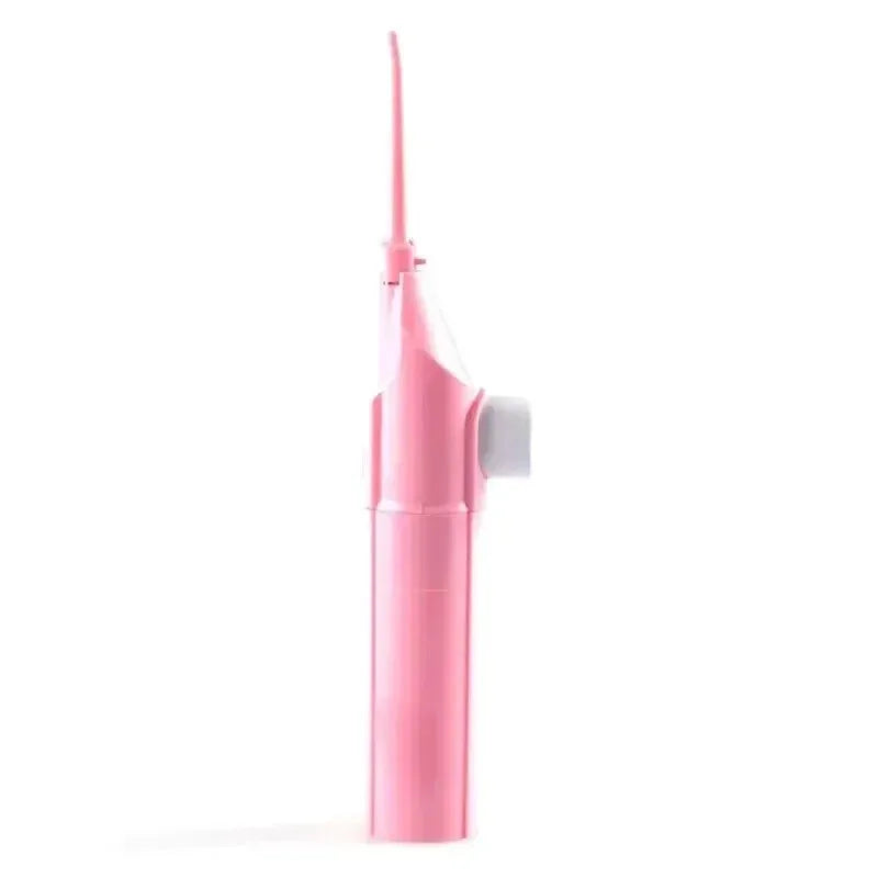 A pink manual high-pressure dental flosser device shown against a white background.