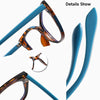 Lunettes de lecture élégantes à monture chat-œil bleu et écaille, montrant le design de la monture.