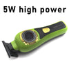 A lime green cordless hair trimmer with a gold accent and an LED display, labeled 5W high power.
