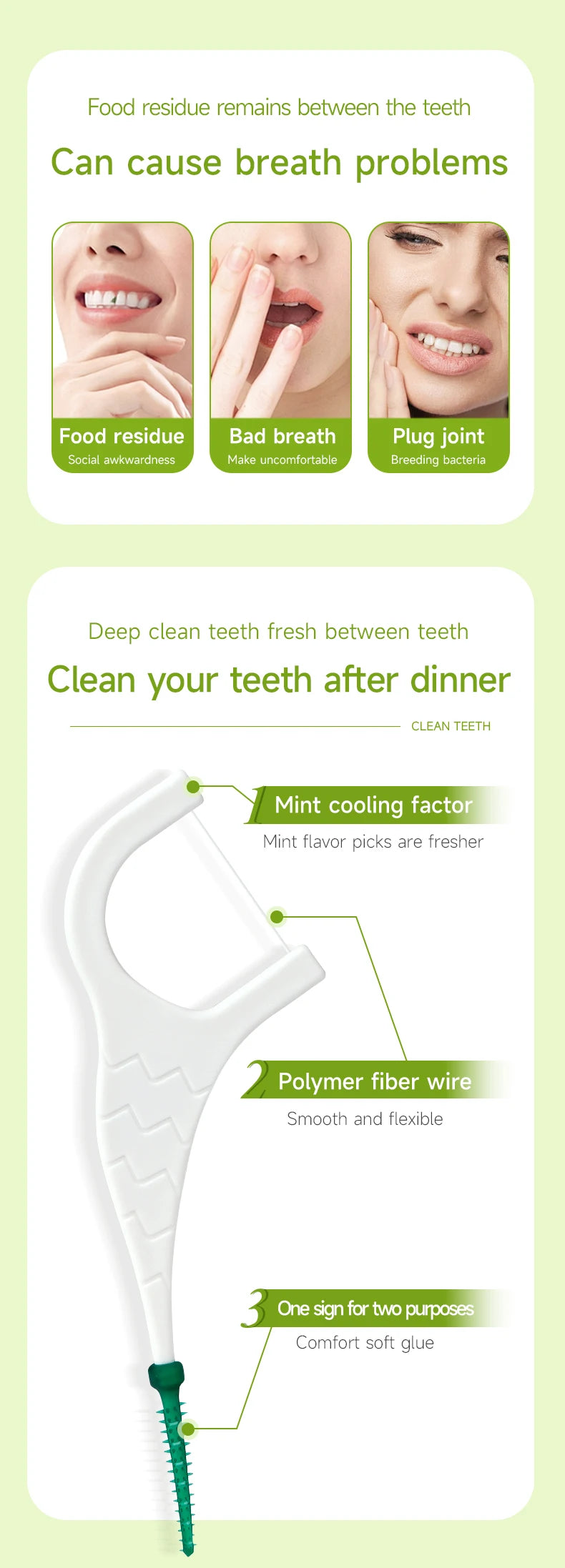 A white silicone dental floss with an interdental brush and a soft glue tip shown for cleaning teeth.