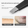 Close-up of black precision stainless steel eyebrow tweezers showing tips for thin and soft and coarse and hard hair