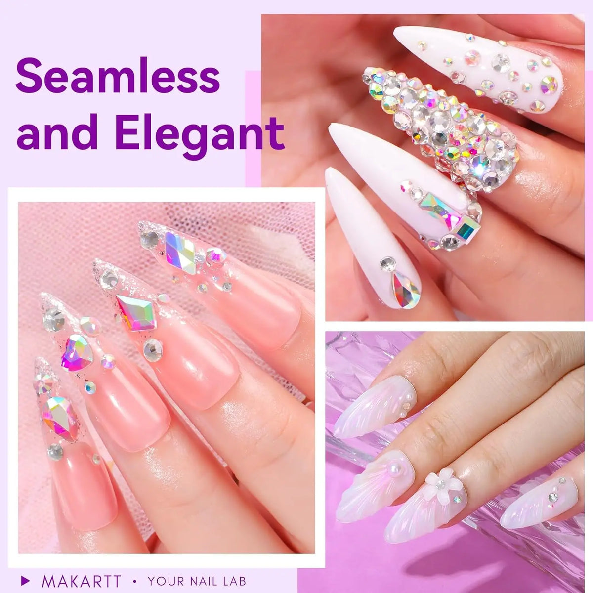 Close-up of elegant pink and white acrylic nails decorated with sparkling rhinestones and glitter.