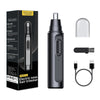 A black USB rechargeable electric nose hair trimmer with a protective cap and charging cable.