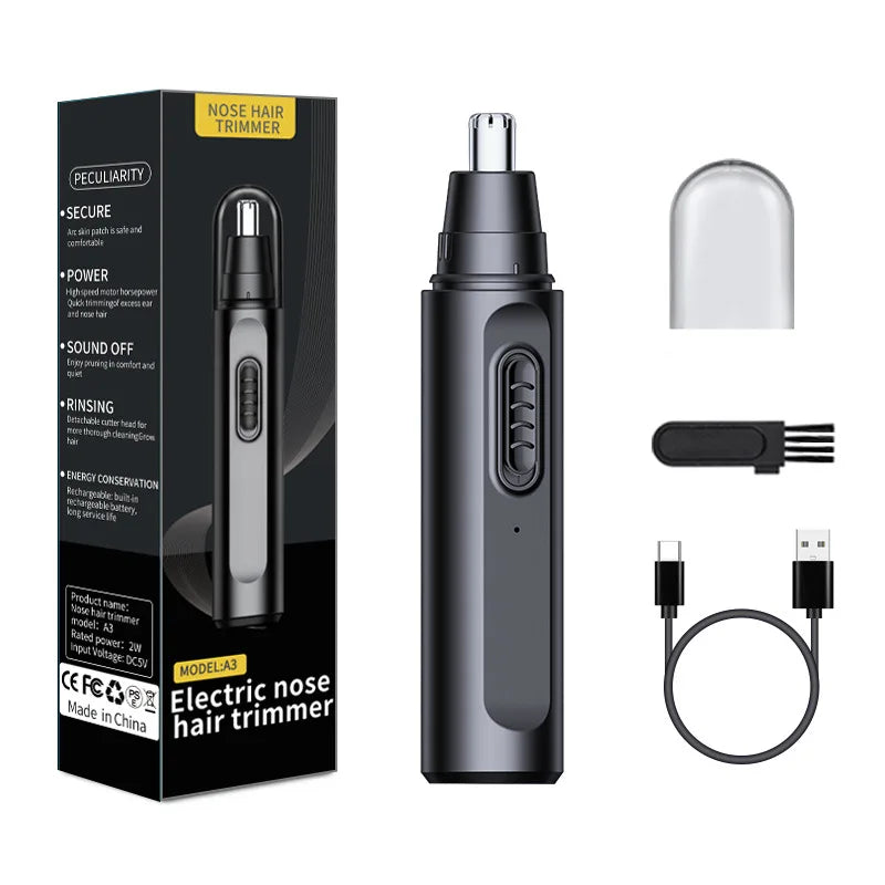 A black USB rechargeable electric nose hair trimmer with a protective cap and charging cable.